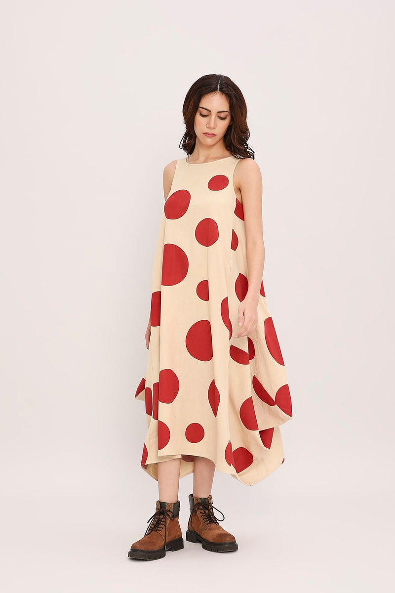 Red Hand Block Printed Polka Vari Dress cotton by Mati in red color for women in Singapore