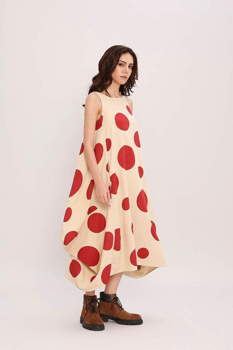 Red Hand Block Printed Polka Vari Dress cotton by Mati in red color for women in Singapore