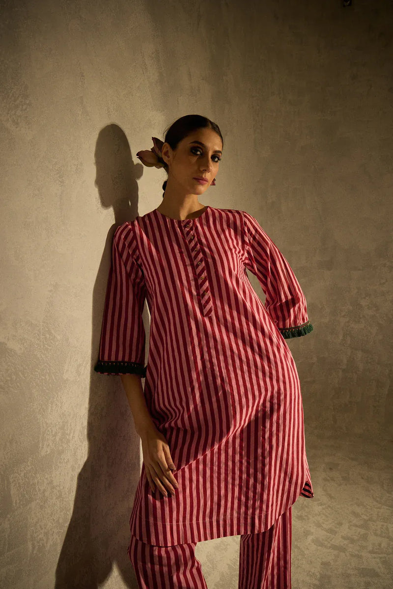 Red N Pink Stripe set cotton by AAVIDI in multi color for women in Singapore