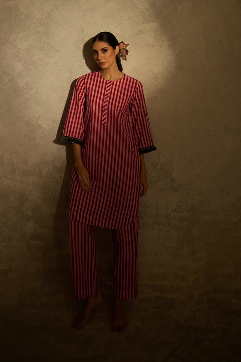 Red N Pink Stripe set cotton by AAVIDI in multi color for women in Singapore