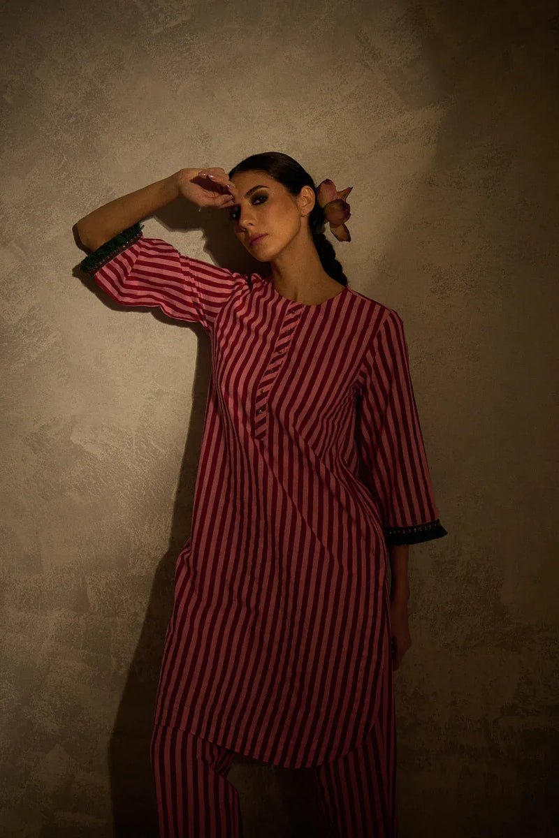 Red N Pink Stripe set cotton by AAVIDI in multi color for women in Singapore