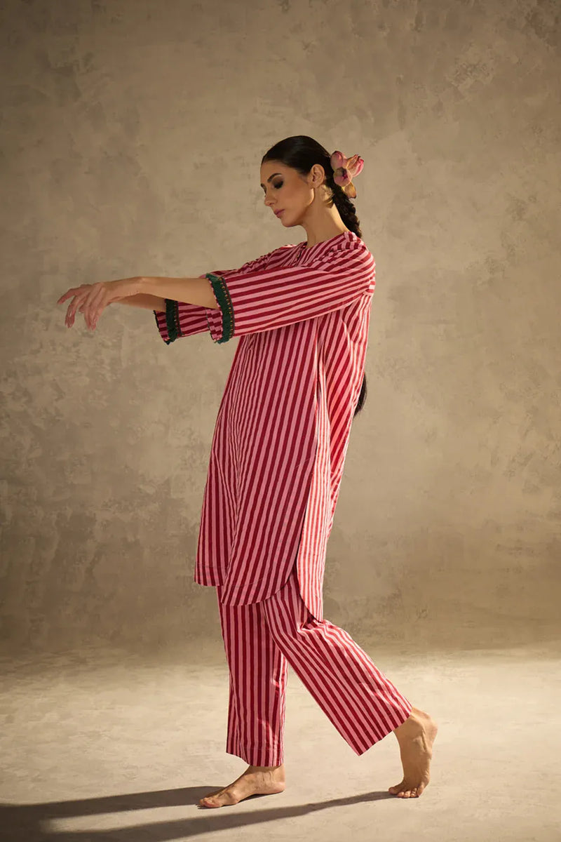 Red N Pink Stripe set cotton by AAVIDI in multi color for women in Singapore