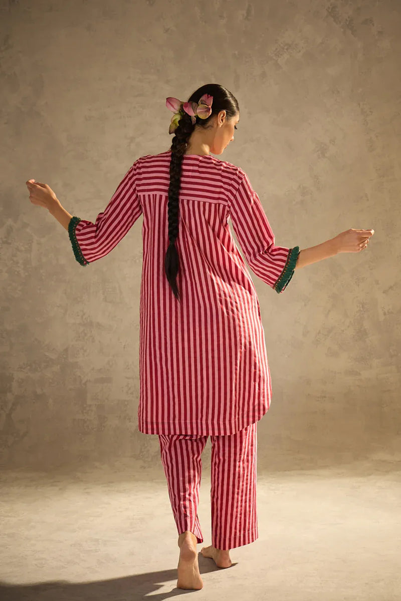 Red N Pink Stripe set cotton by AAVIDI in multi color for women in Singapore