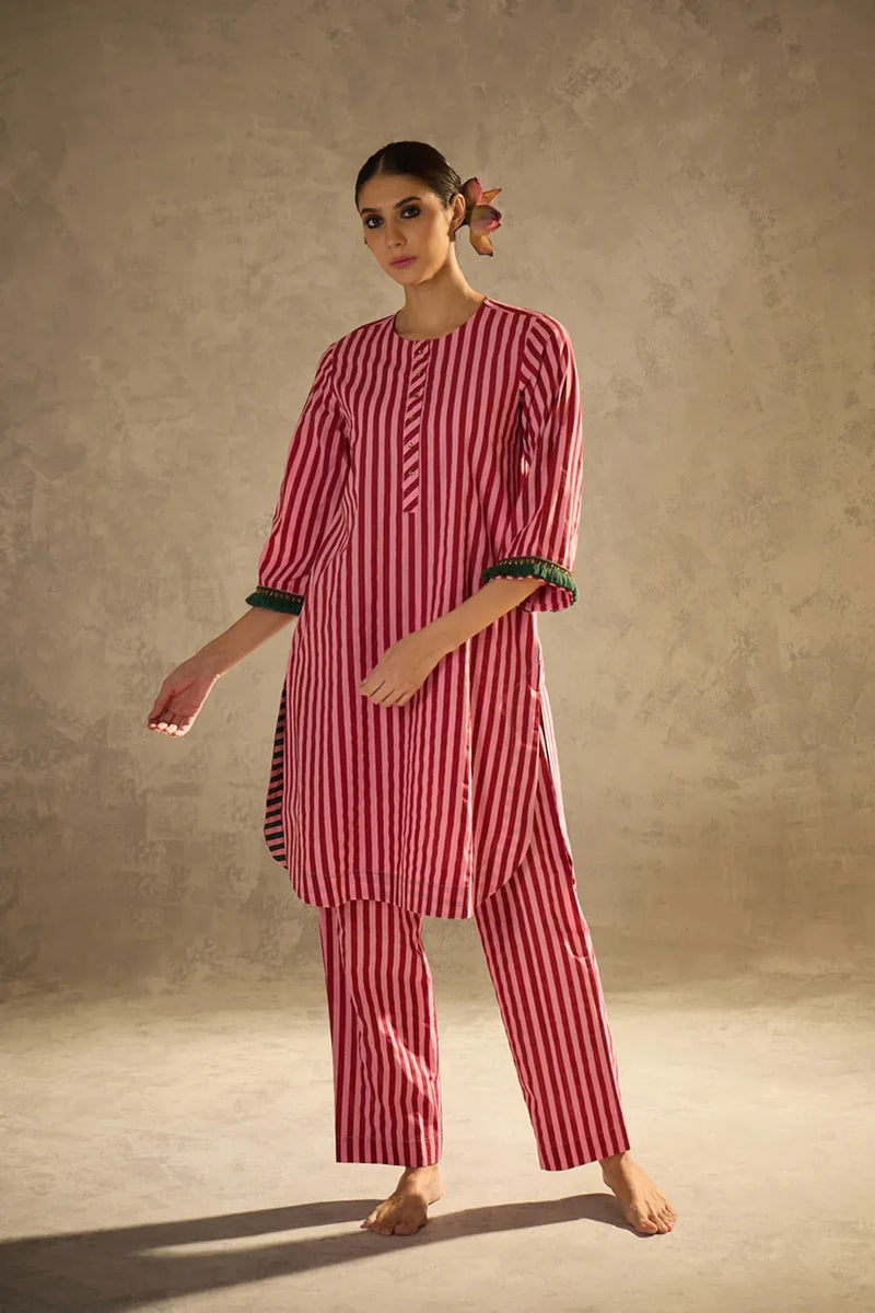 Red N Pink Stripe set cotton by AAVIDI in multi color for women in Singapore