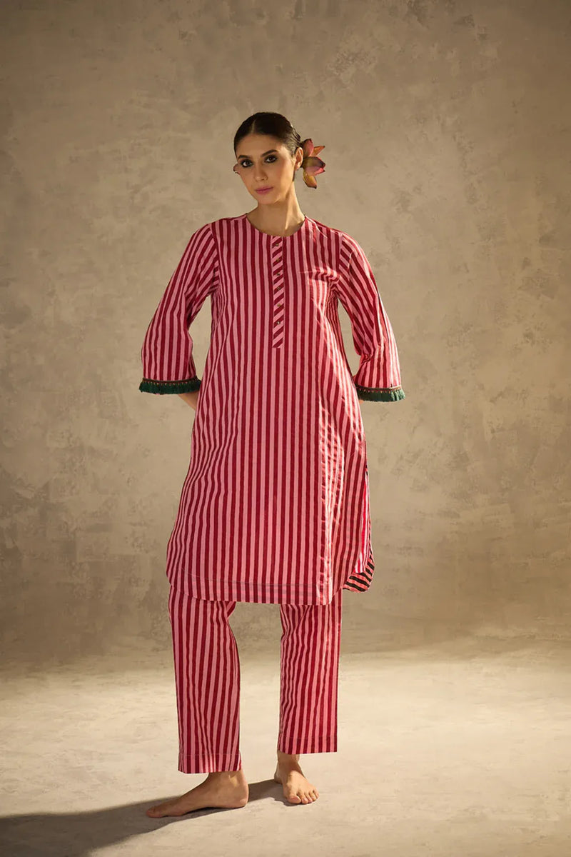 Red N Pink Stripe set cotton by AAVIDI in multi color for women in Singapore