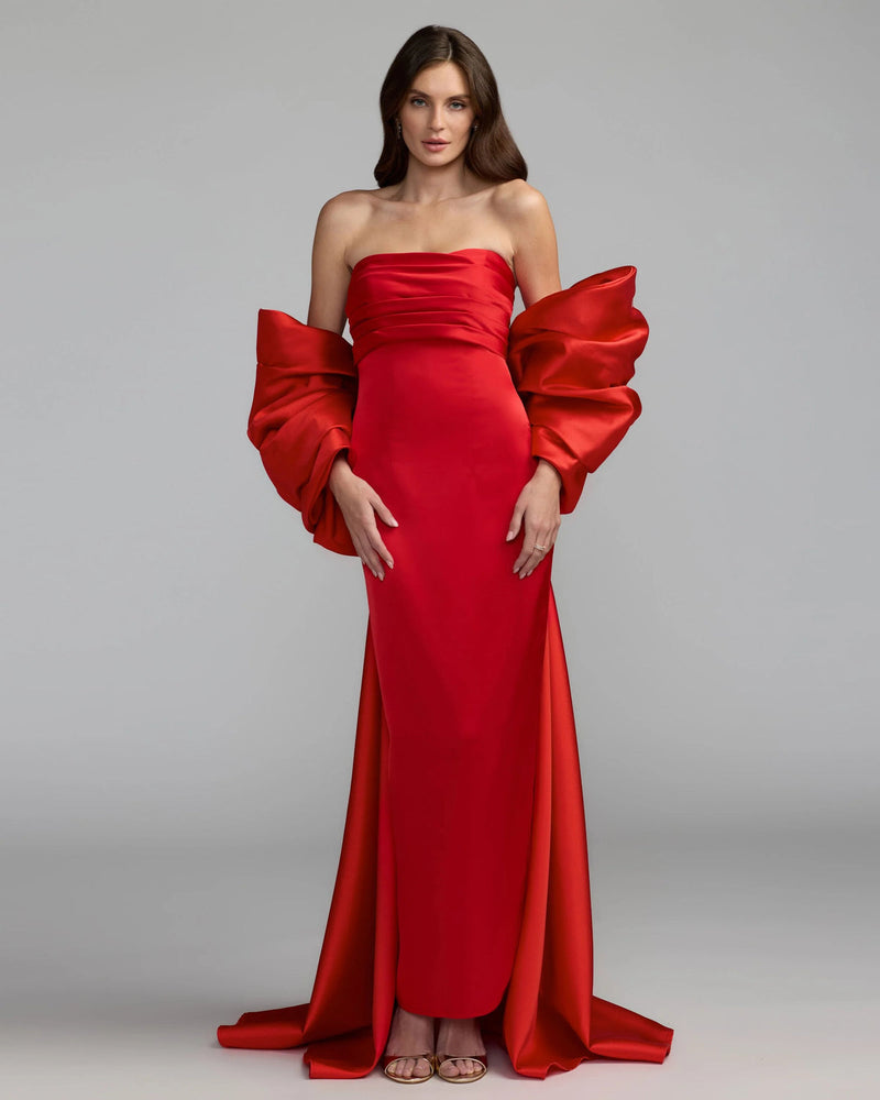21192-Red Satin Column Gown With Oversized Bow polyester evening-gowns by Mac Duggal in red for women in Singapore