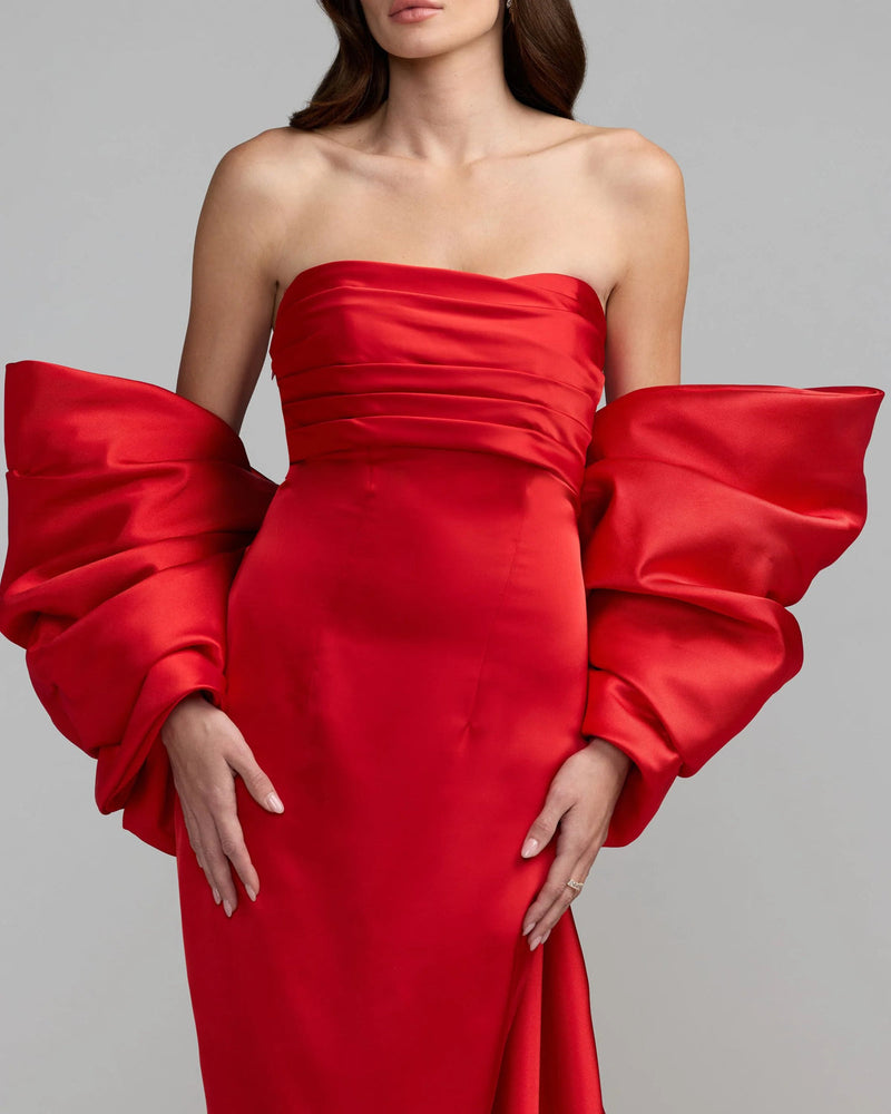 21192-Red Satin Column Gown With Oversized Bow polyester evening-gowns by Mac Duggal in red for women in Singapore