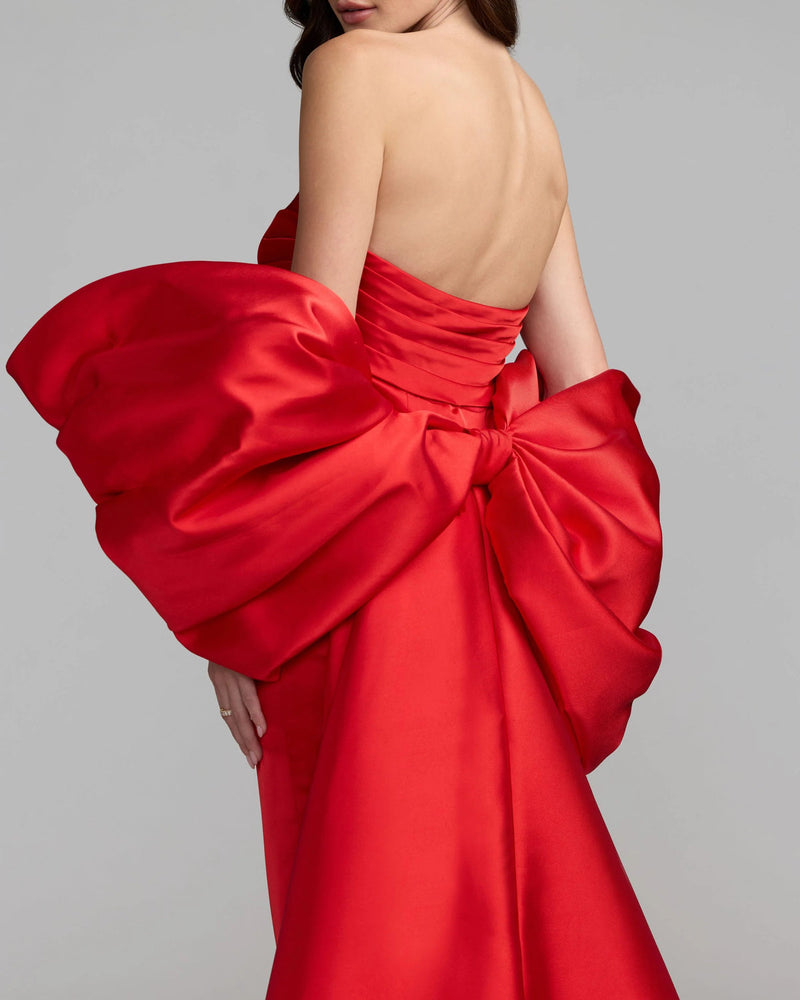 21192-Red Satin Column Gown With Oversized Bow polyester evening-gowns by Mac Duggal in red for women in Singapore