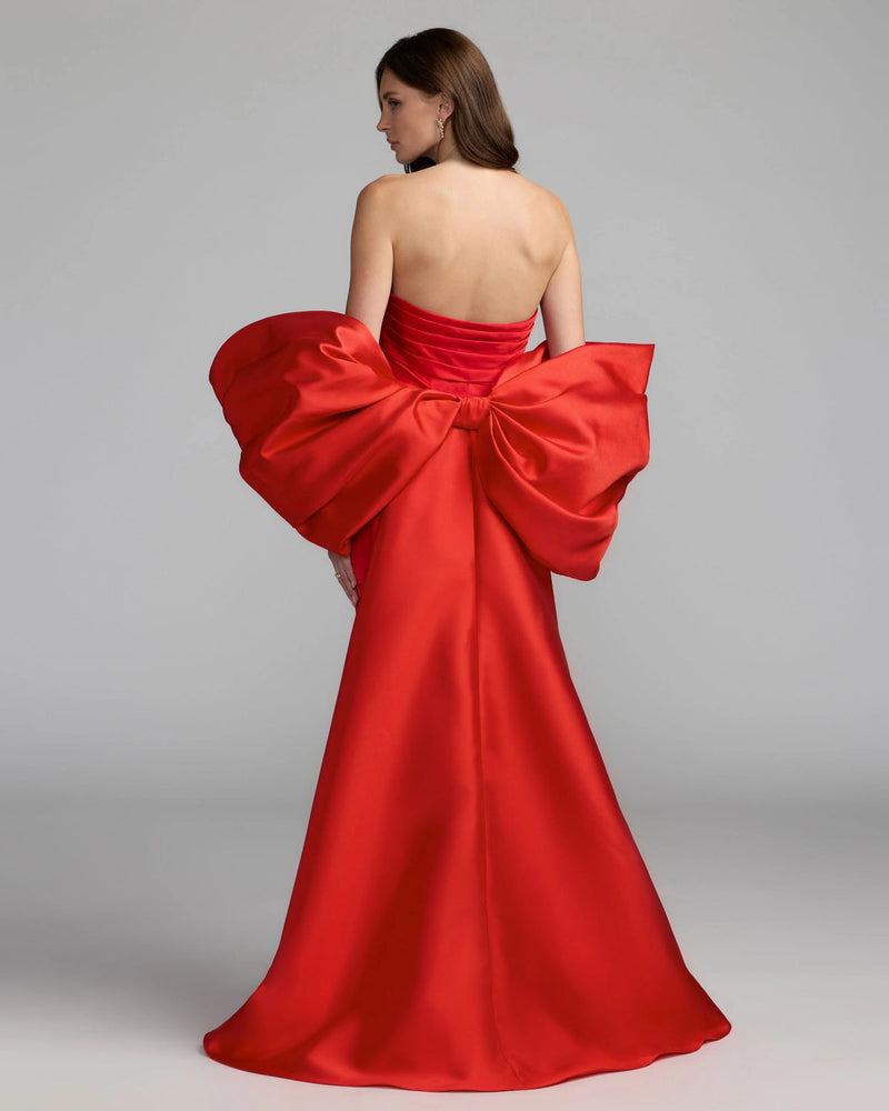21192-Red Satin Column Gown With Oversized Bow polyester evening-gowns by Mac Duggal in red for women in Singapore