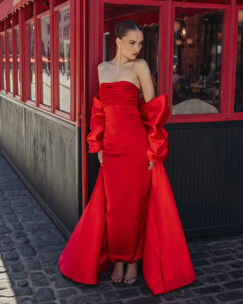 21192-Red Satin Column Gown With Oversized Bow polyester evening-gowns by Mac Duggal in red for women in Singapore