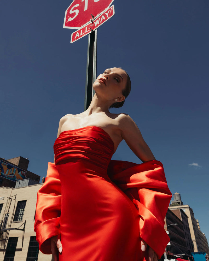 21192-Red Satin Column Gown With Oversized Bow polyester evening-gowns by Mac Duggal in red for women in Singapore