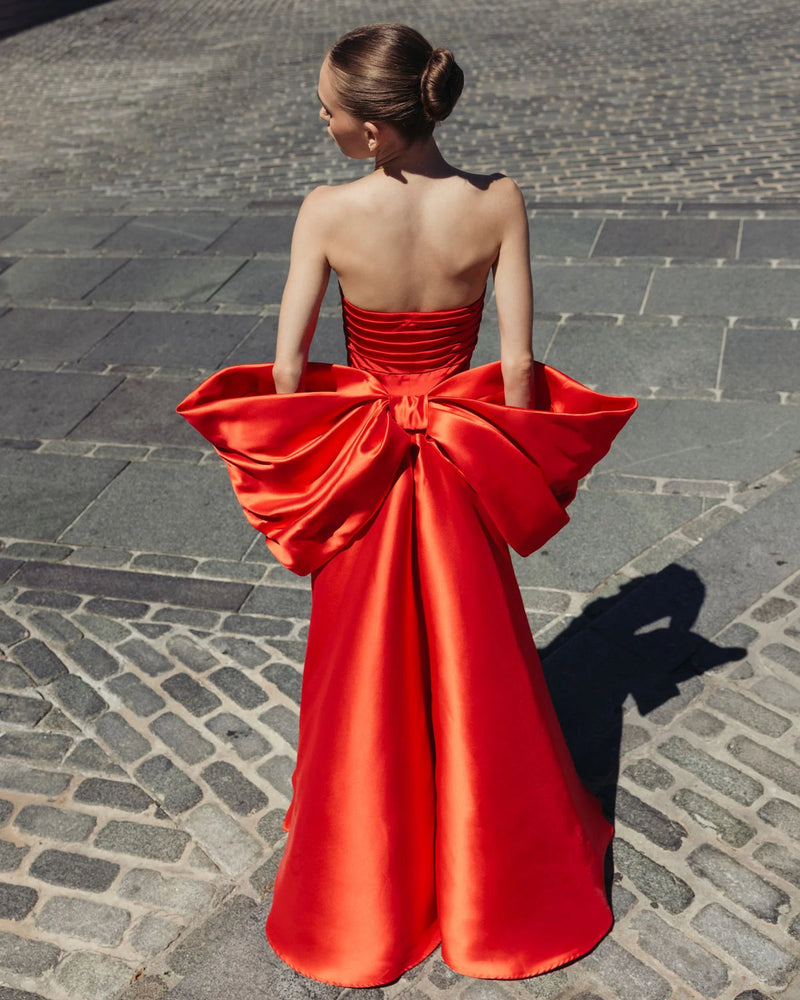 21192-Red Satin Column Gown With Oversized Bow polyester evening-gowns by Mac Duggal in red for women in Singapore