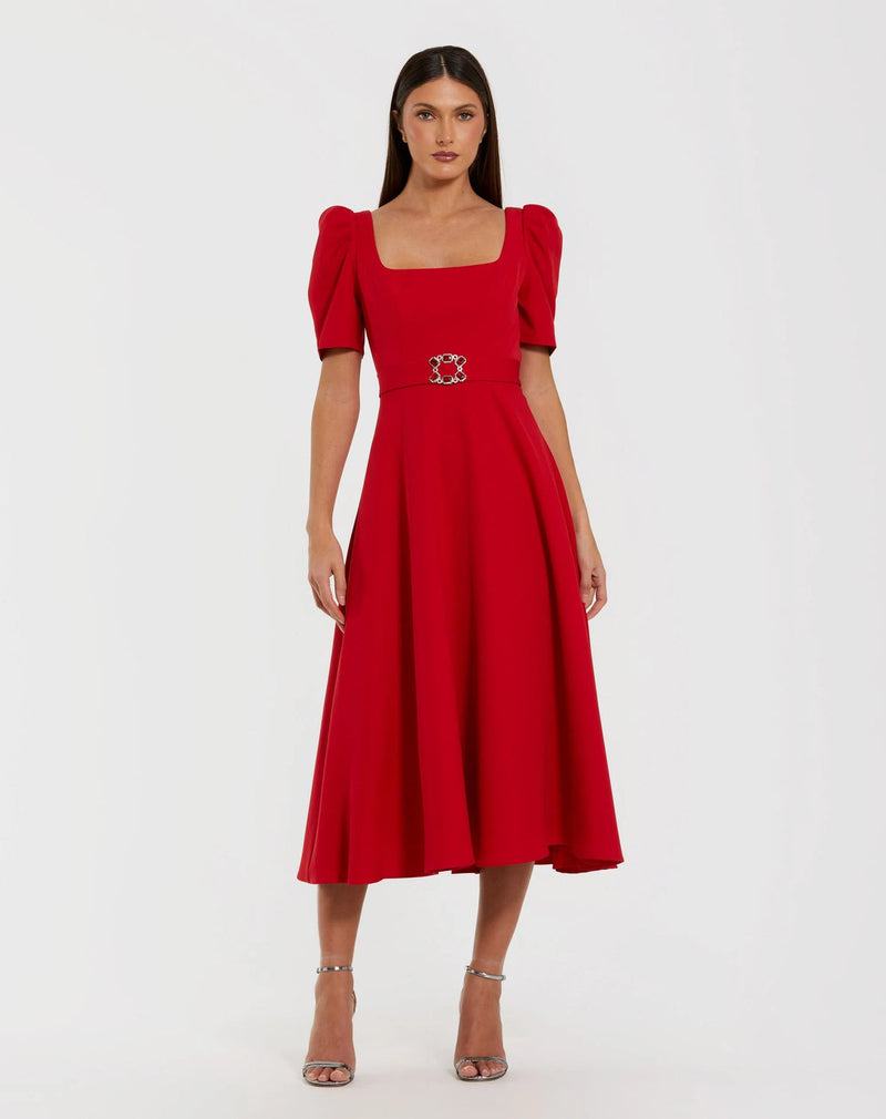 27714-Red Square Neck Short Sleeve Midi Dress With Belt polyester evening-gowns by Mac Duggal in red for women in Singapore