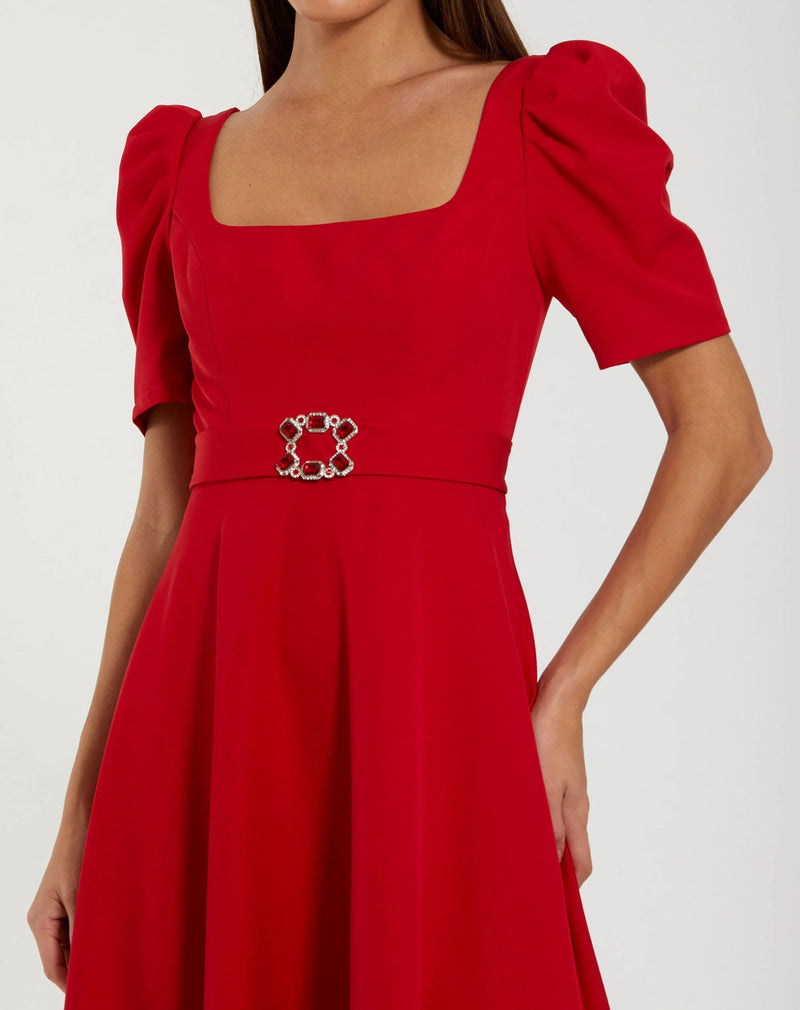 27714-Red Square Neck Short Sleeve Midi Dress With Belt polyester evening-gowns by Mac Duggal in red for women in Singapore