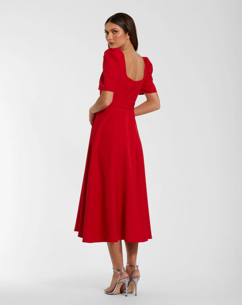 27714-Red Square Neck Short Sleeve Midi Dress With Belt polyester evening-gowns by Mac Duggal in red for women in Singapore