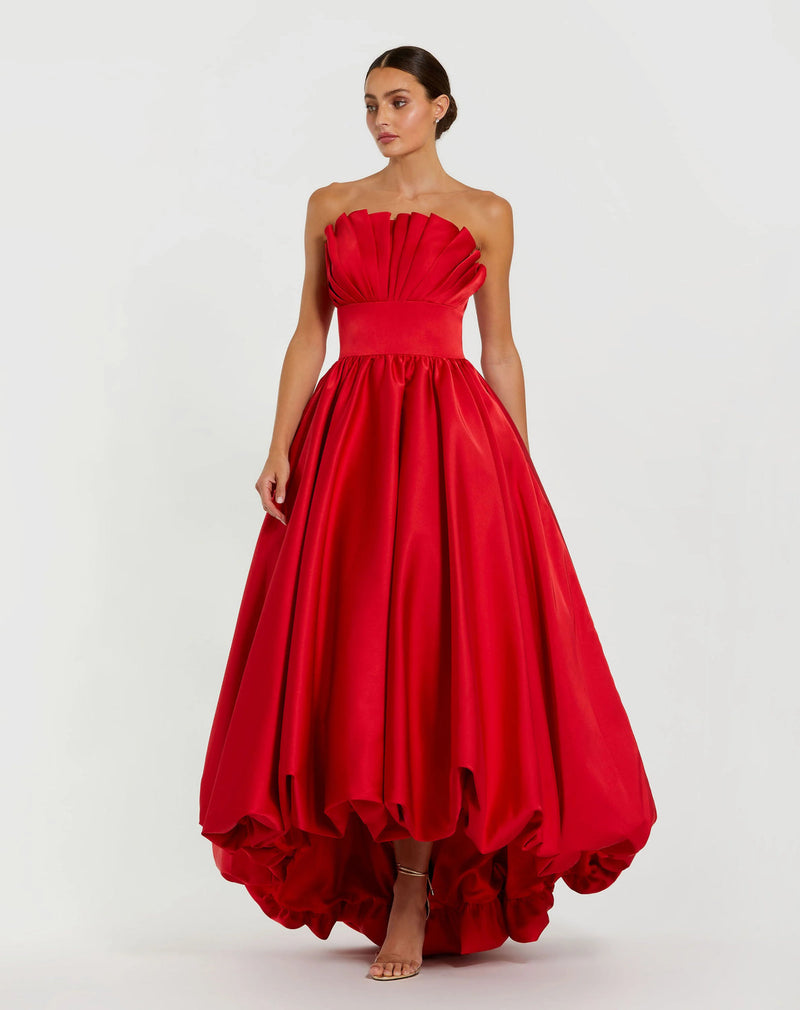 21037-Red Strapless Bubble Hem High Low Ball Gown polyester cocktail-and-party-dresses by Mac Duggal in red for women in Singapore