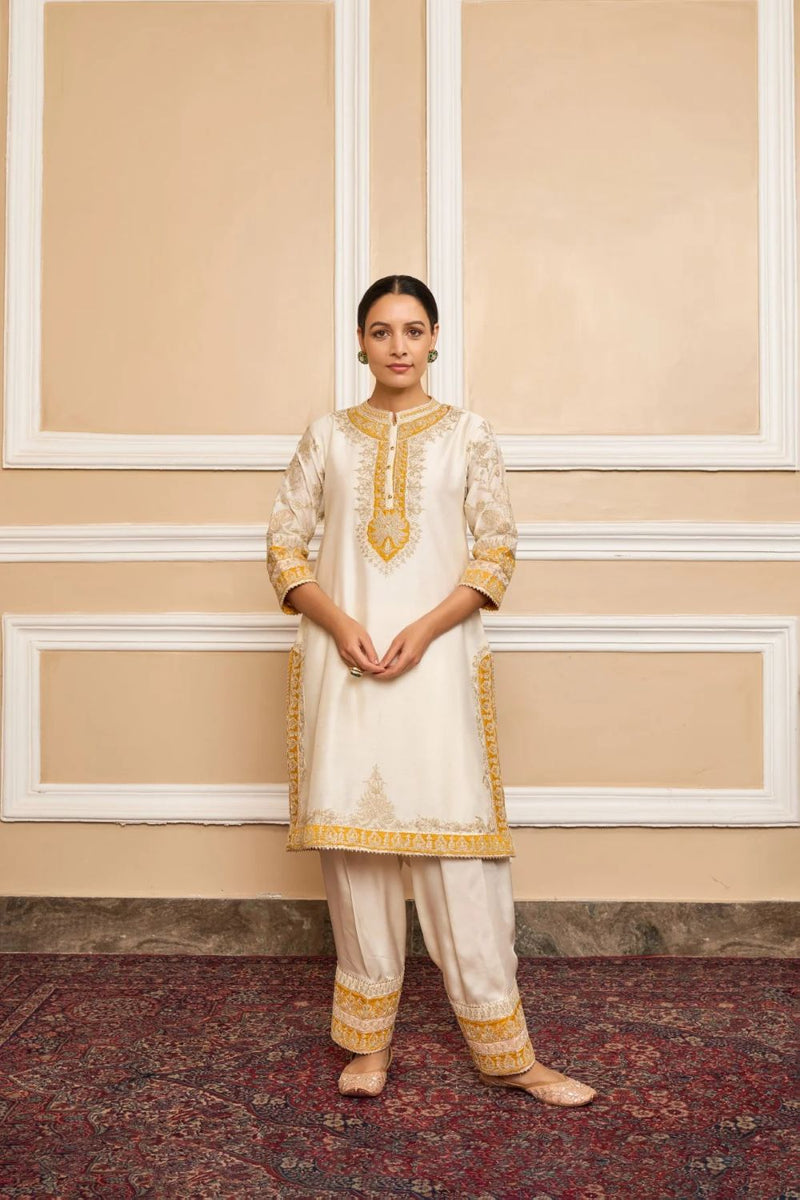 Resham Straight kurta with salwar and dupatta-Daisy Ivory silk by SHEETAL BATRA in ivory color for women in Singapore