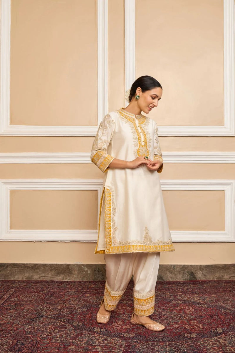 Resham Straight kurta with salwar and dupatta-Daisy Ivory silk by SHEETAL BATRA in ivory color for women in Singapore