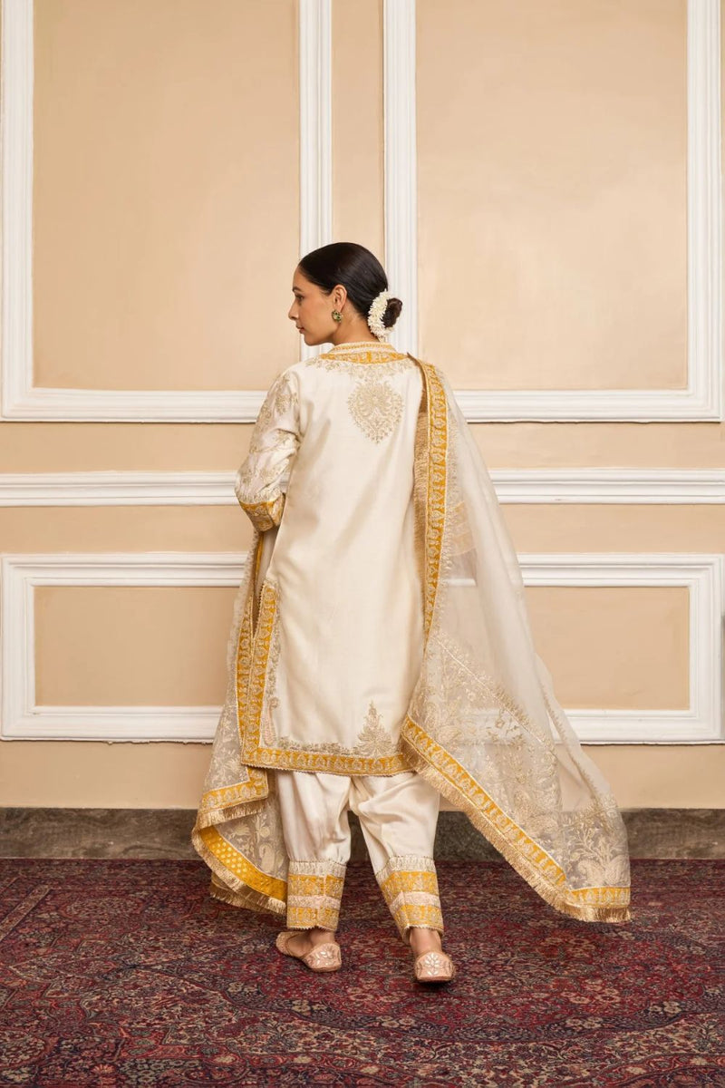 Resham Straight kurta with salwar and dupatta-Daisy Ivory silk by SHEETAL BATRA in ivory color for women in Singapore
