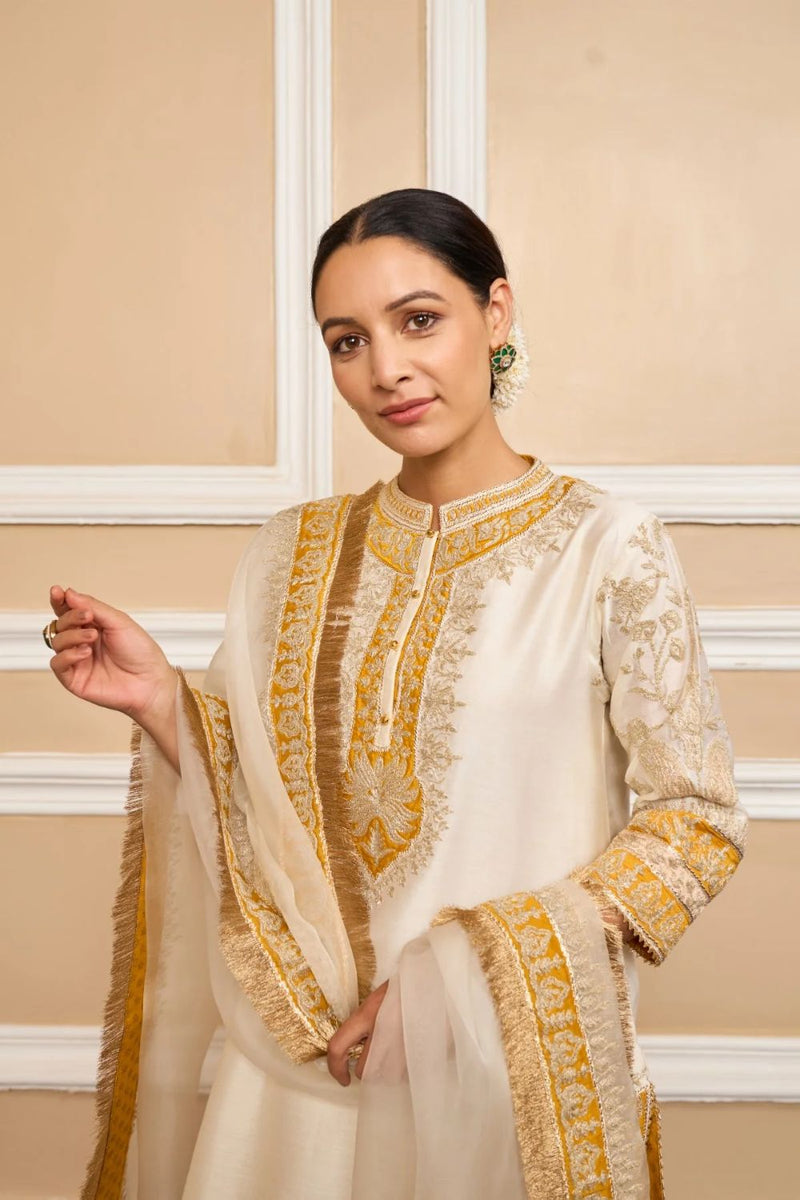 Resham Straight kurta with salwar and dupatta-Daisy Ivory silk by SHEETAL BATRA in ivory color for women in Singapore