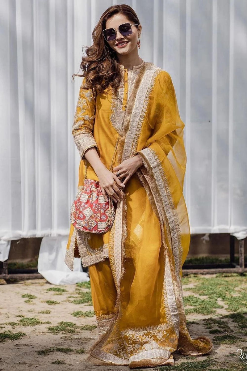 Resham Straight kurta with salwar and dupatta-Glaze mustard silk by SHEETAL BATRA in mustard color for women in Singapore