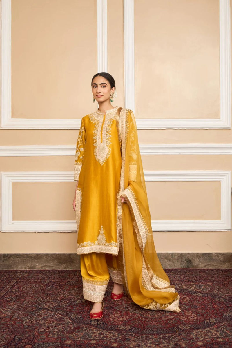 Resham Straight kurta with salwar and dupatta-Glaze mustard silk by SHEETAL BATRA in mustard color for women in Singapore