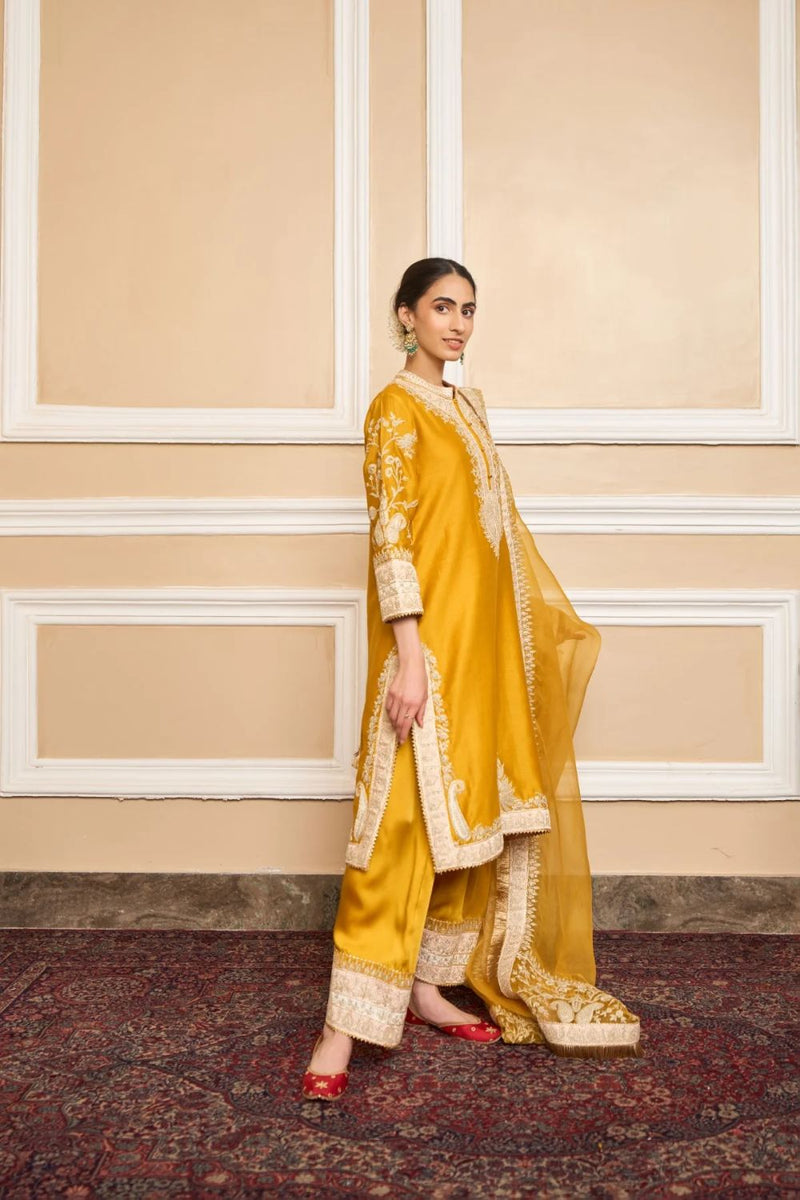Resham Straight kurta with salwar and dupatta-Glaze mustard silk by SHEETAL BATRA in mustard color for women in Singapore