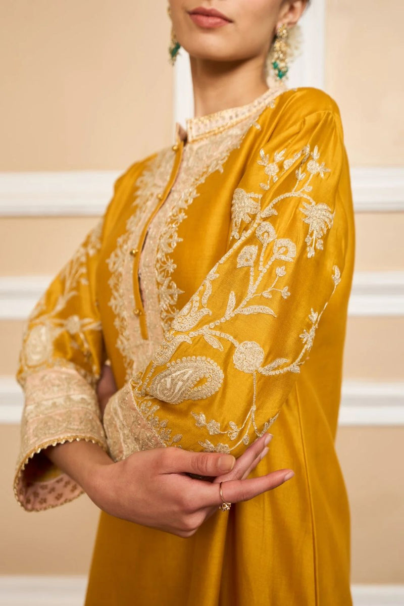 Resham Straight kurta with salwar and dupatta-Glaze mustard silk by SHEETAL BATRA in mustard color for women in Singapore