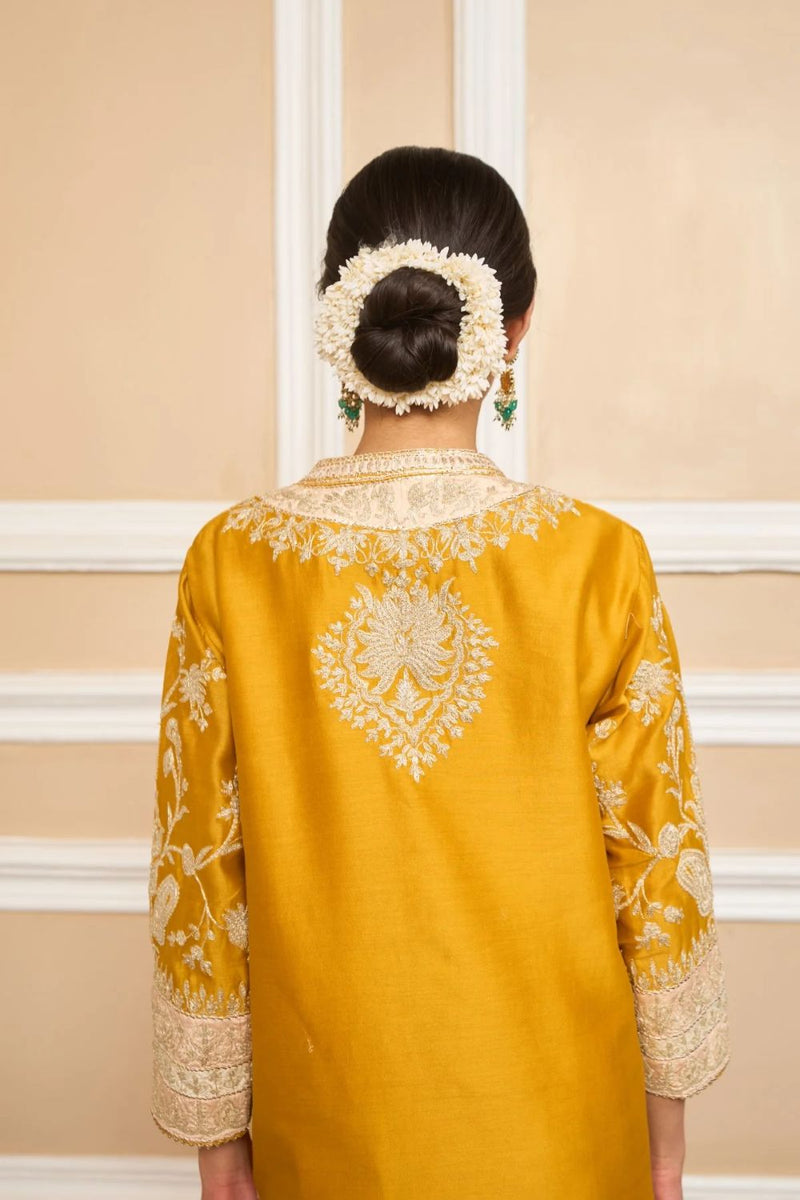 Resham Straight kurta with salwar and dupatta-Glaze mustard silk by SHEETAL BATRA in mustard color for women in Singapore