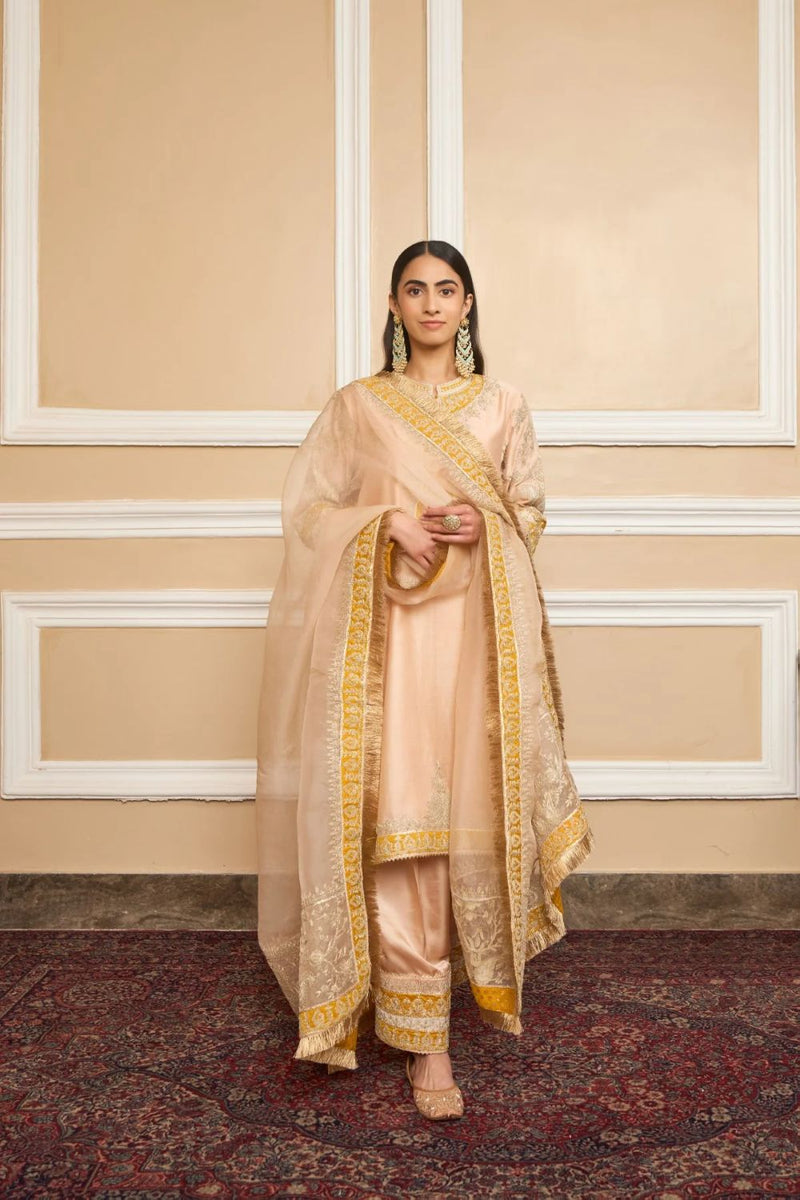 Resham Straight kurta with salwar and dupatta-Rosepink silk by SHEETAL BATRA in pink color for women in Singapore