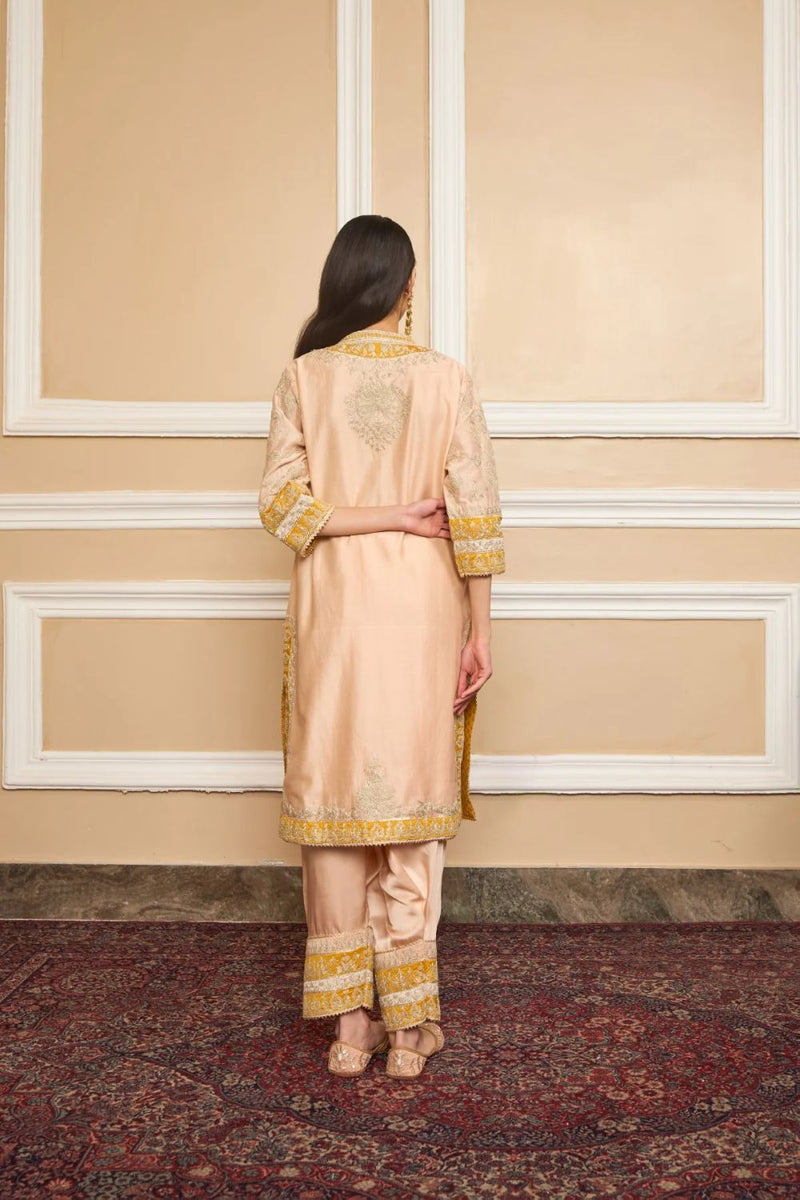 Resham Straight kurta with salwar and dupatta-Rosepink silk by SHEETAL BATRA in pink color for women in Singapore