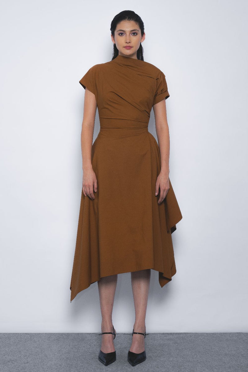 Rigzar Draped Dress - Tobacco cotton Buy Rigzar Draped Dress - Tobacco from C&W | Dresses for Women by Leh Studios for women in Singapore
