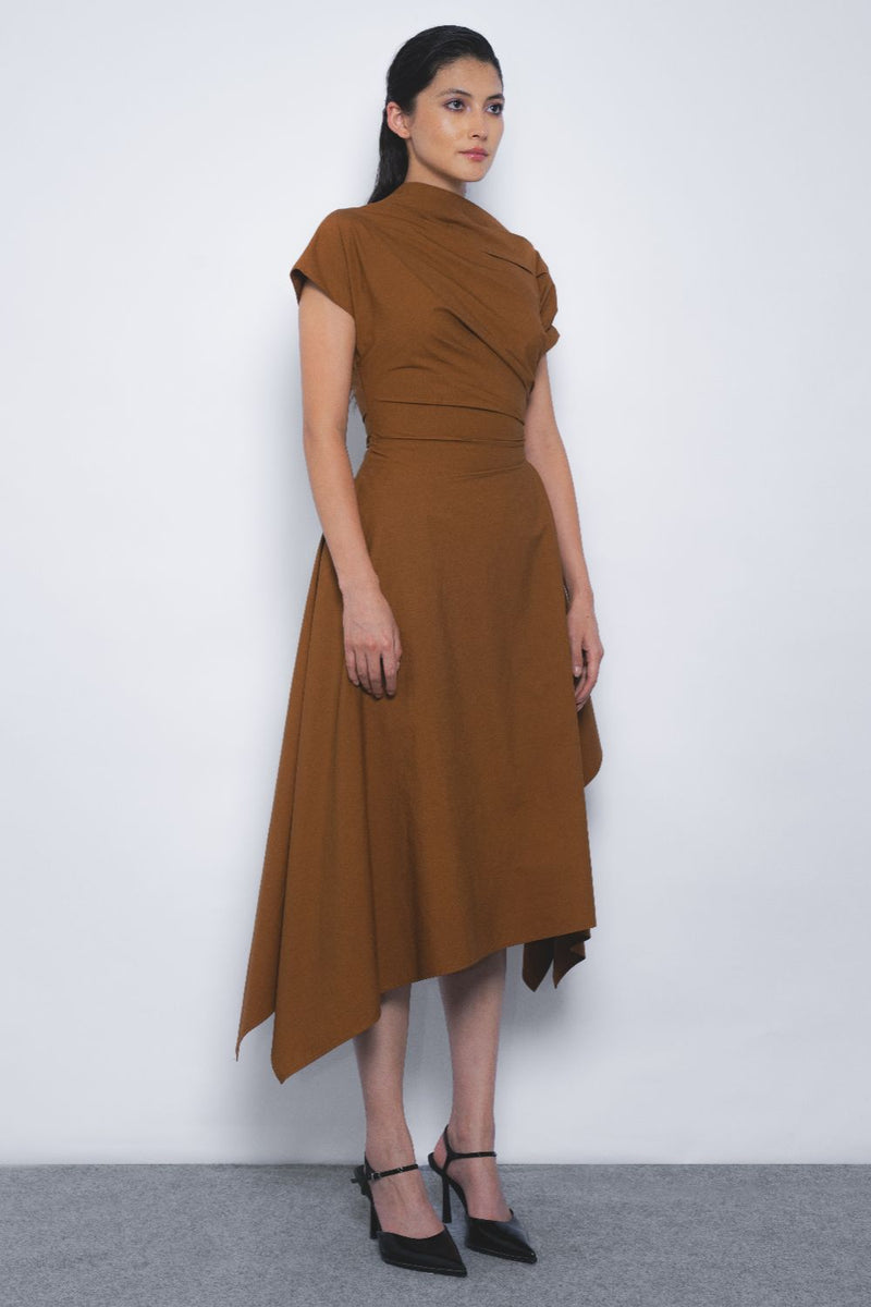 Rigzar Draped Dress - Tobacco cotton Buy Rigzar Draped Dress - Tobacco from C&W | Dresses for Women by Leh Studios for women in Singapore