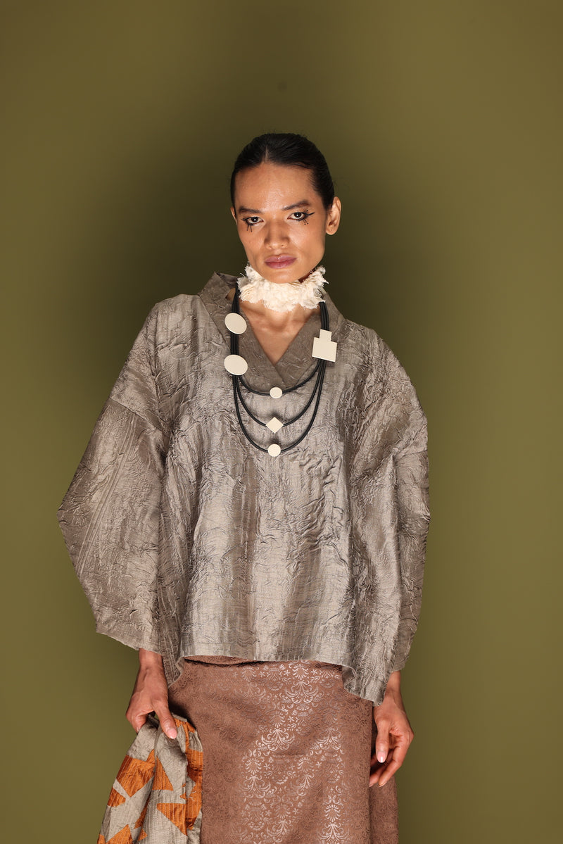 Ripple Top-Grey mysore silk tops and shirts by Stoique in grey for women in Singapore
