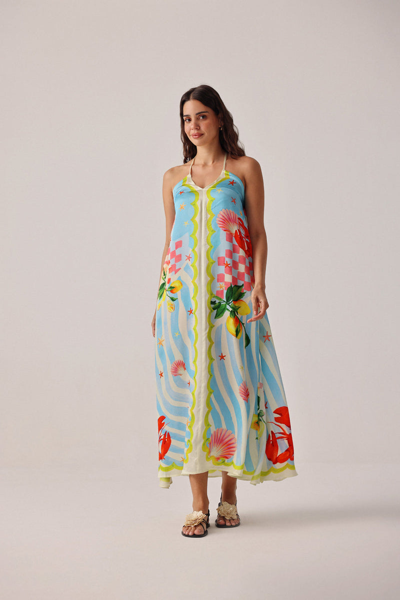 Riva Coverup-Summer Zest modal satin resort wear by NOIB in blue for women in Singapore