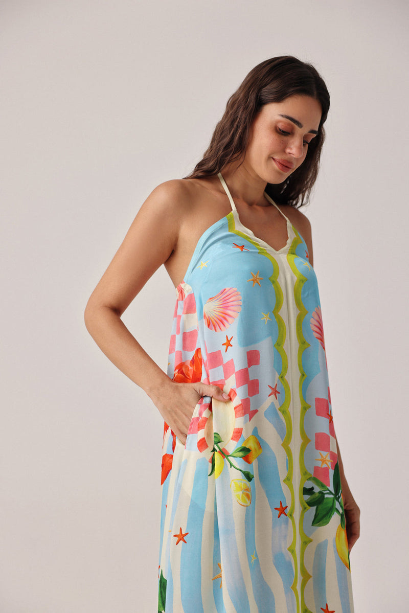 Riva Coverup-Summer Zest modal satin resort wear by NOIB in blue for women in Singapore