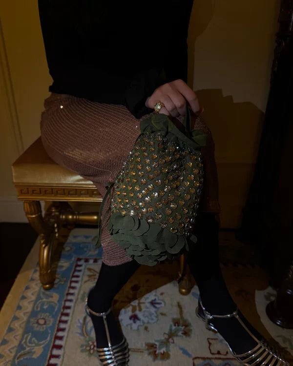 Rocky Bag - Siren tafetta bag by AOMIDORI SHIMAI in green and dusky gold for women in Singapore