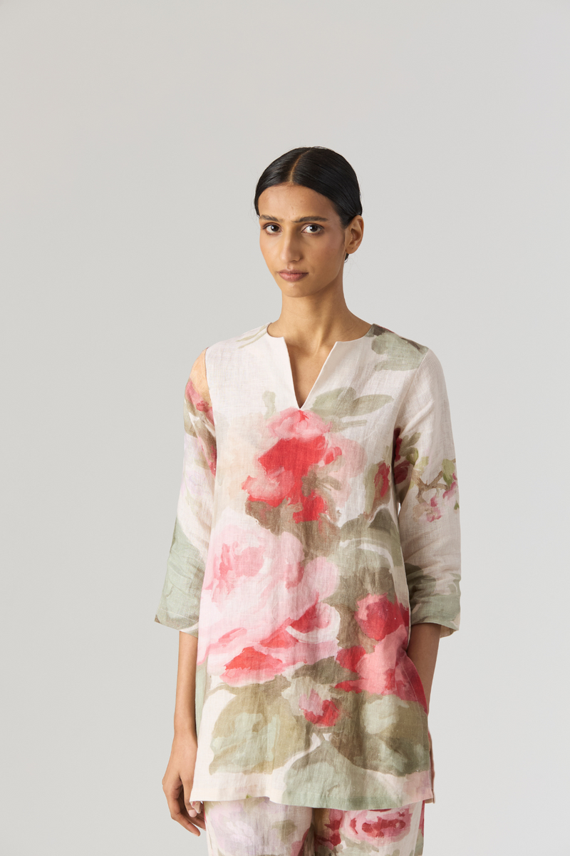 ROMA ROSE SHORT LINEN KURTA SET linen by Yam in beige color for women in Singapore
