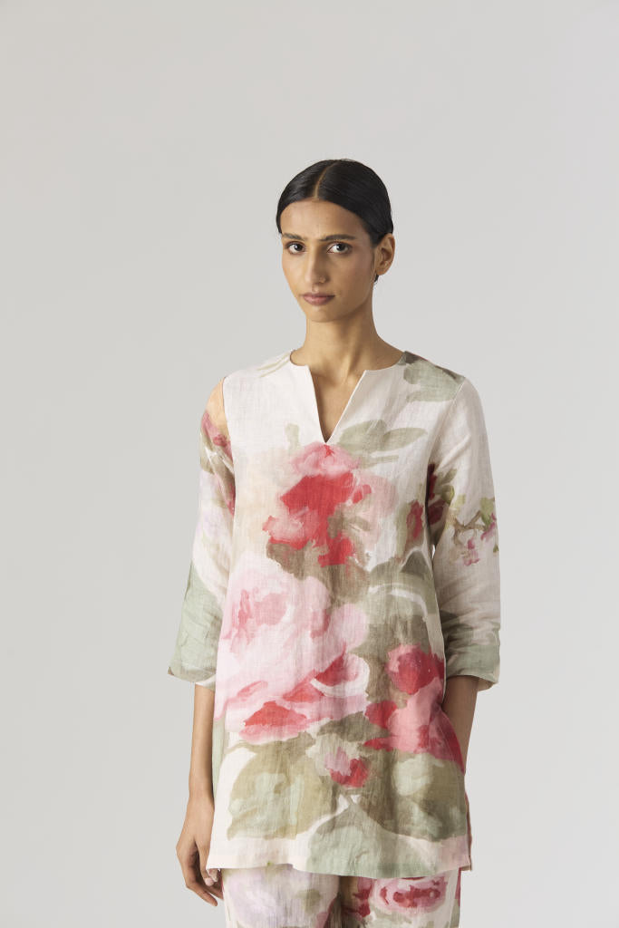 ROMA ROSE SHORT LINEN KURTA SET linen by Yam in beige color for women in Singapore
