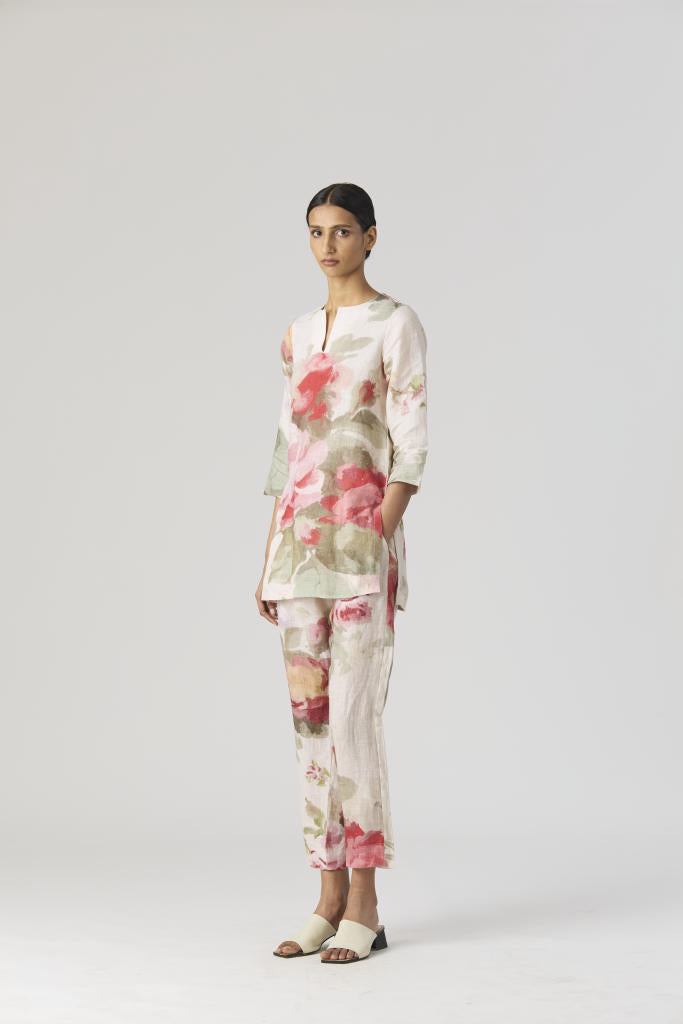 ROMA ROSE SHORT LINEN KURTA SET linen by Yam in beige color for women in Singapore