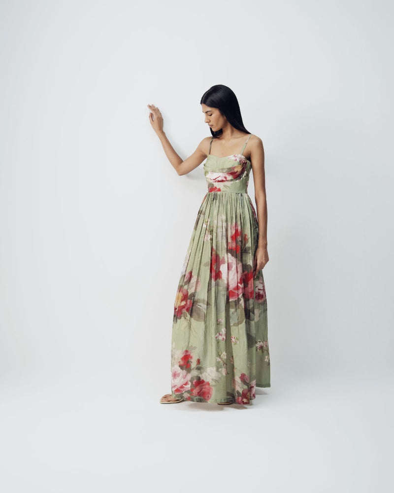 Roos Long Dress silk by YAM in green color for women in Singapore