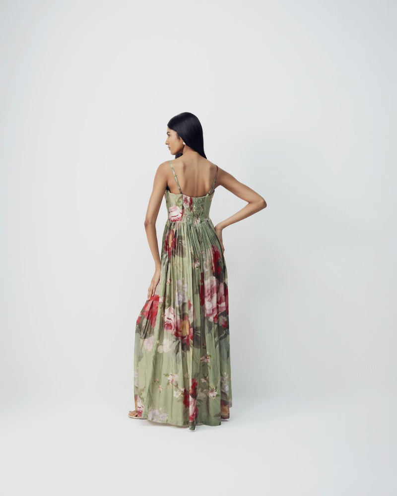 Roos Long Dress silk by YAM in green color for women in Singapore