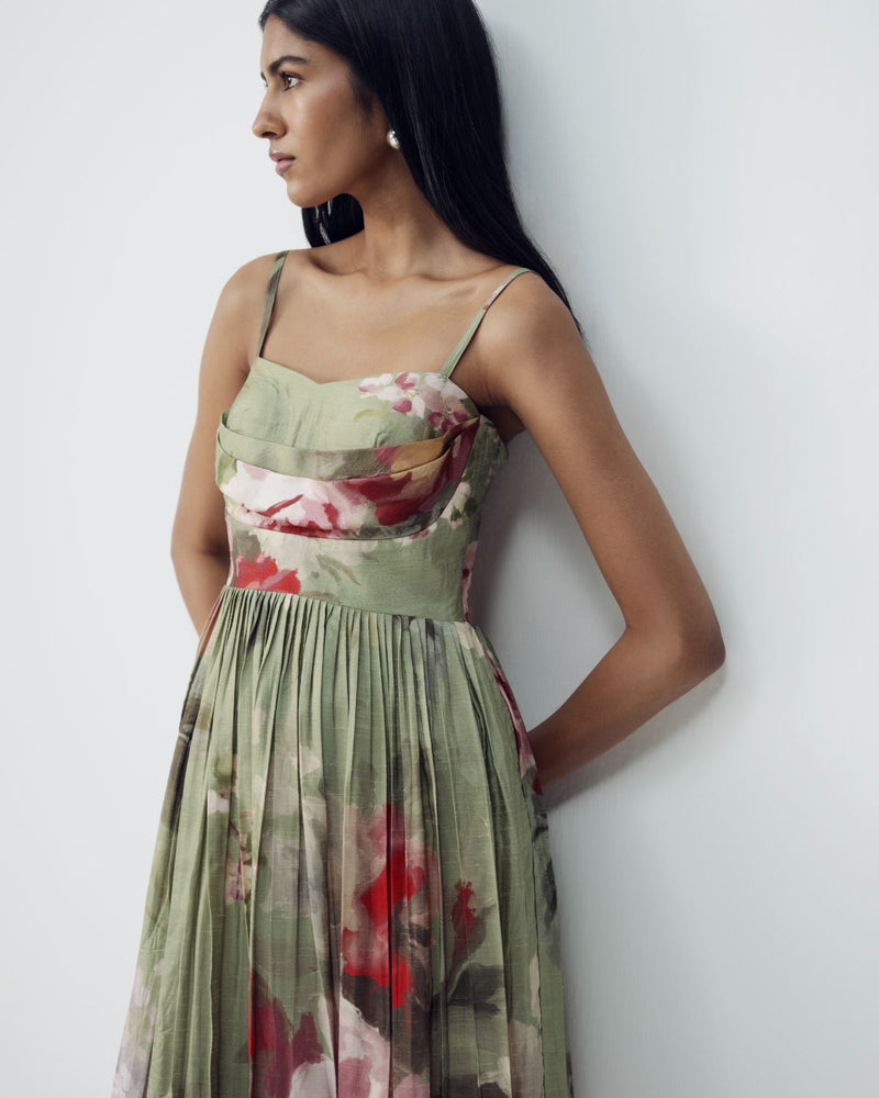 Roos Long Dress silk by YAM in green color for women in Singapore