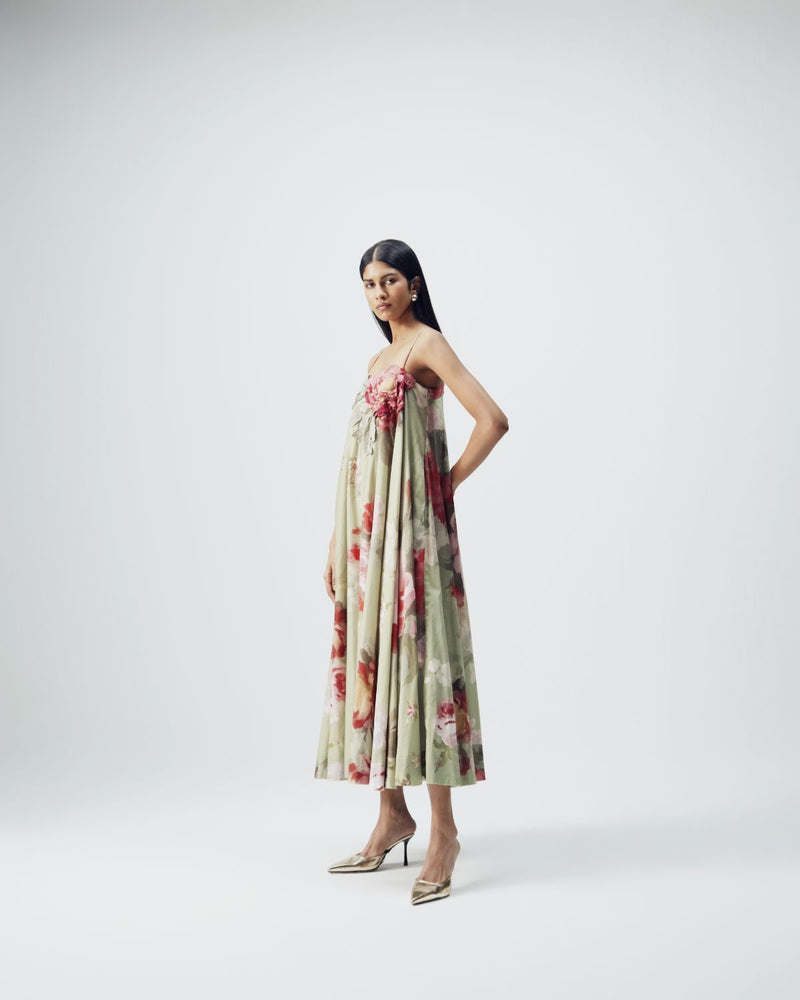 Roos Patchwork Dress satin by YAM in green color for women in Singapore