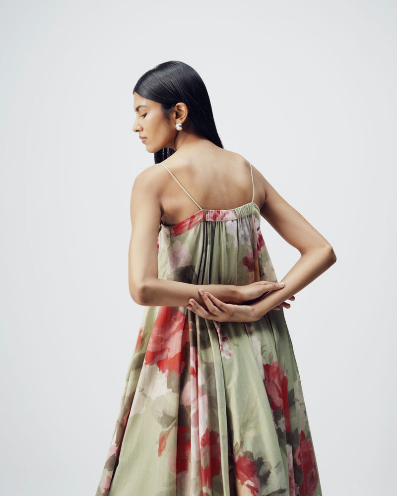 Roos Patchwork Dress satin by YAM in green color for women in Singapore