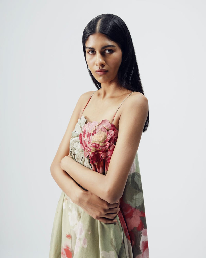 Roos Patchwork Dress satin by YAM in green color for women in Singapore