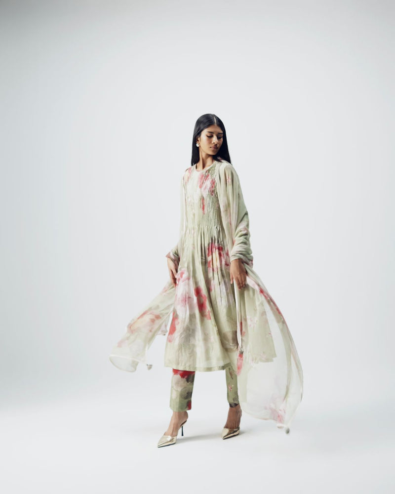 Roos Pintucks Kurta Set silk by YAM in green color for women in Singapore