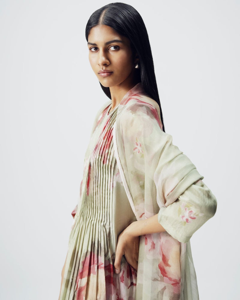 Roos Pintucks Kurta Set silk by YAM in green color for women in Singapore