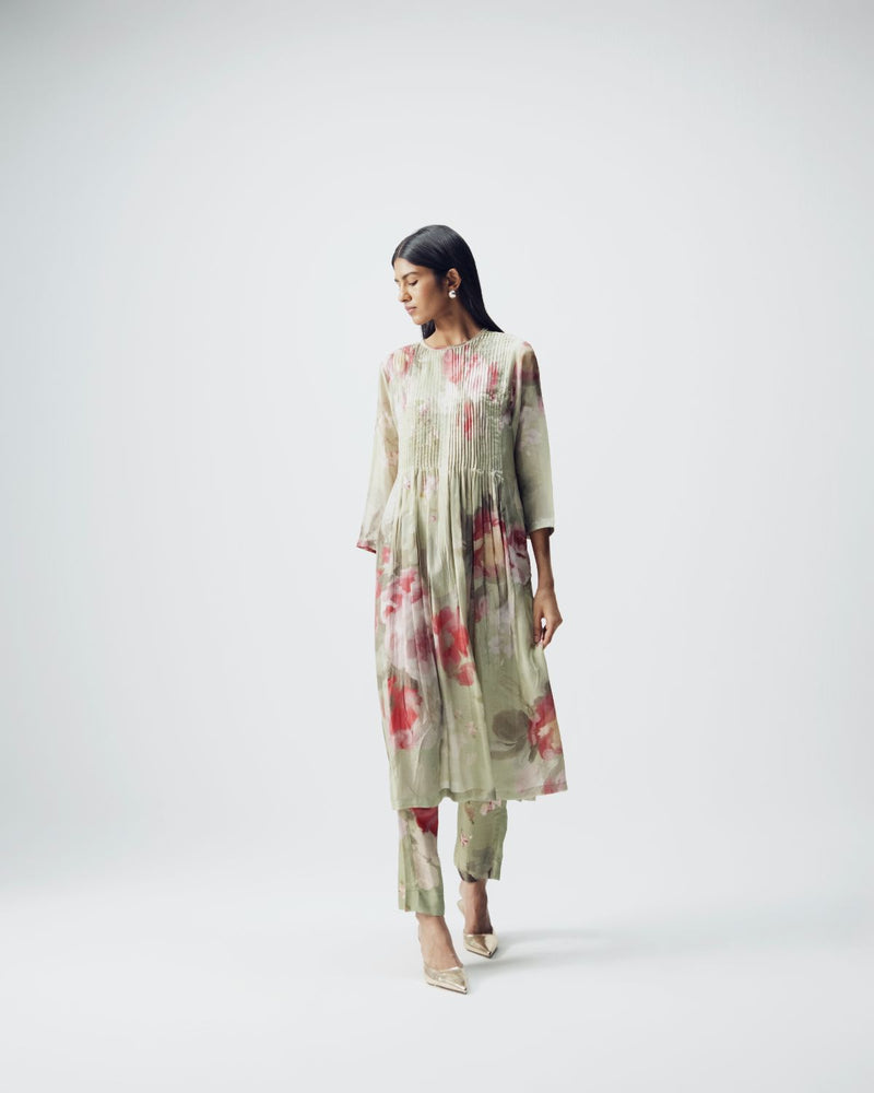 Roos Pintucks Kurta Set silk by YAM in green color for women in Singapore