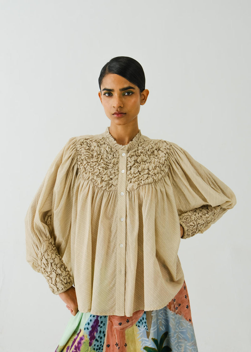 Roosted Shirt-IVORY (ELASTIC SMOCKING) cotton by CORD for women in Singapore